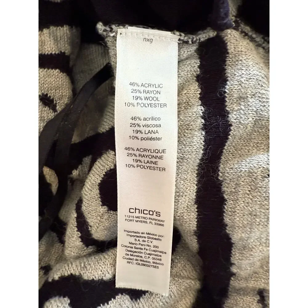 Chico's Patterned Wool Blend Full Zip Cardigan, Size 3